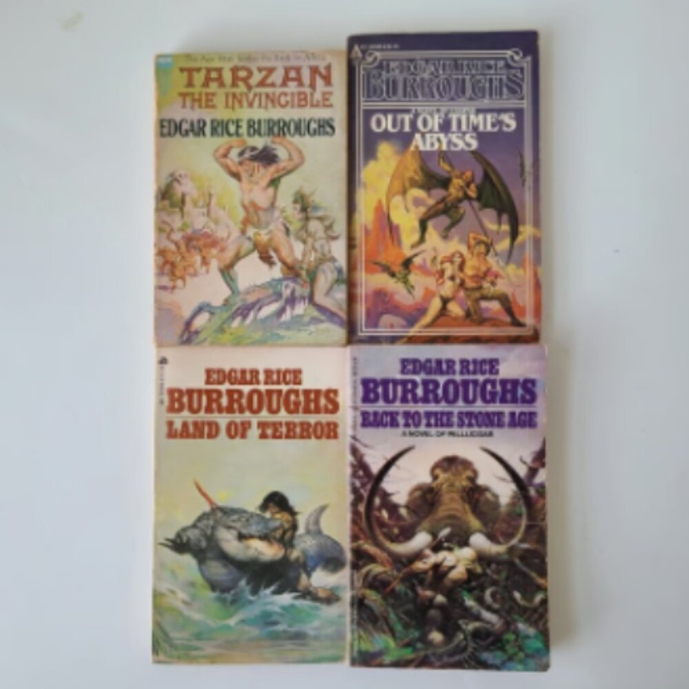 4 Vintage Fantasy Books Edgar Rice Burroughs Tarzan Invincible Adventure Classic